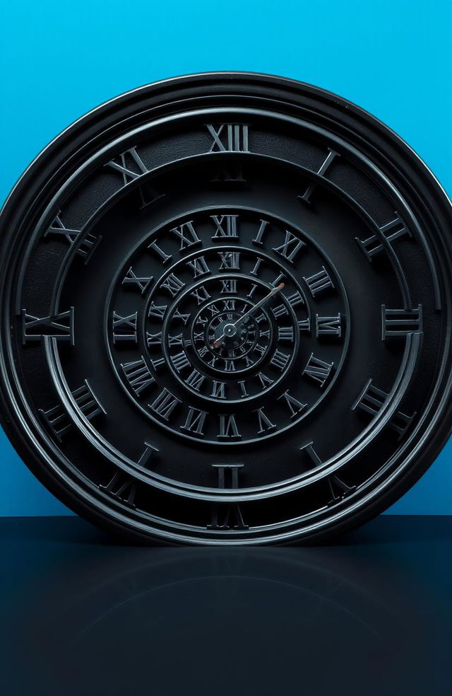 A surreal black clock lying flat on a black floor, featuring prominent Roman numerals elegantly crafted around its edge