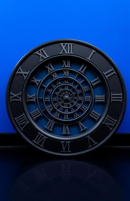 A surreal black clock lying flat on a black floor, featuring prominent Roman numerals elegantly crafted around its edge