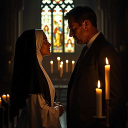 A secretive and intense romantic scene between a young 18-year-old novitiate nun dressed in a traditional habit and a successful 45-year-old man in a sharp suit