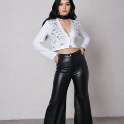 A fashion ensemble featuring a white long-sleeve crop top embroidered with sparkling stars, paired with a black leather vest and high-waisted flared pants. Outfit is complemented with shiny black high heel boots, choker necklaces, earrings, rings, bracelets with silver accents, and high hair ties.