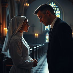 A secretive and intense romantic scene between a young 18-year-old novitiate nun dressed in a traditional habit and a successful 45-year-old man in a sharp suit