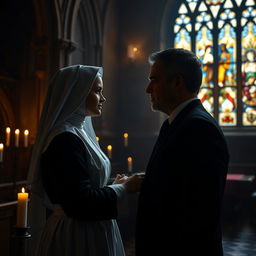 A secretive and intense romantic scene between a young 18-year-old novitiate nun dressed in a traditional habit and a successful 45-year-old man in a sharp suit