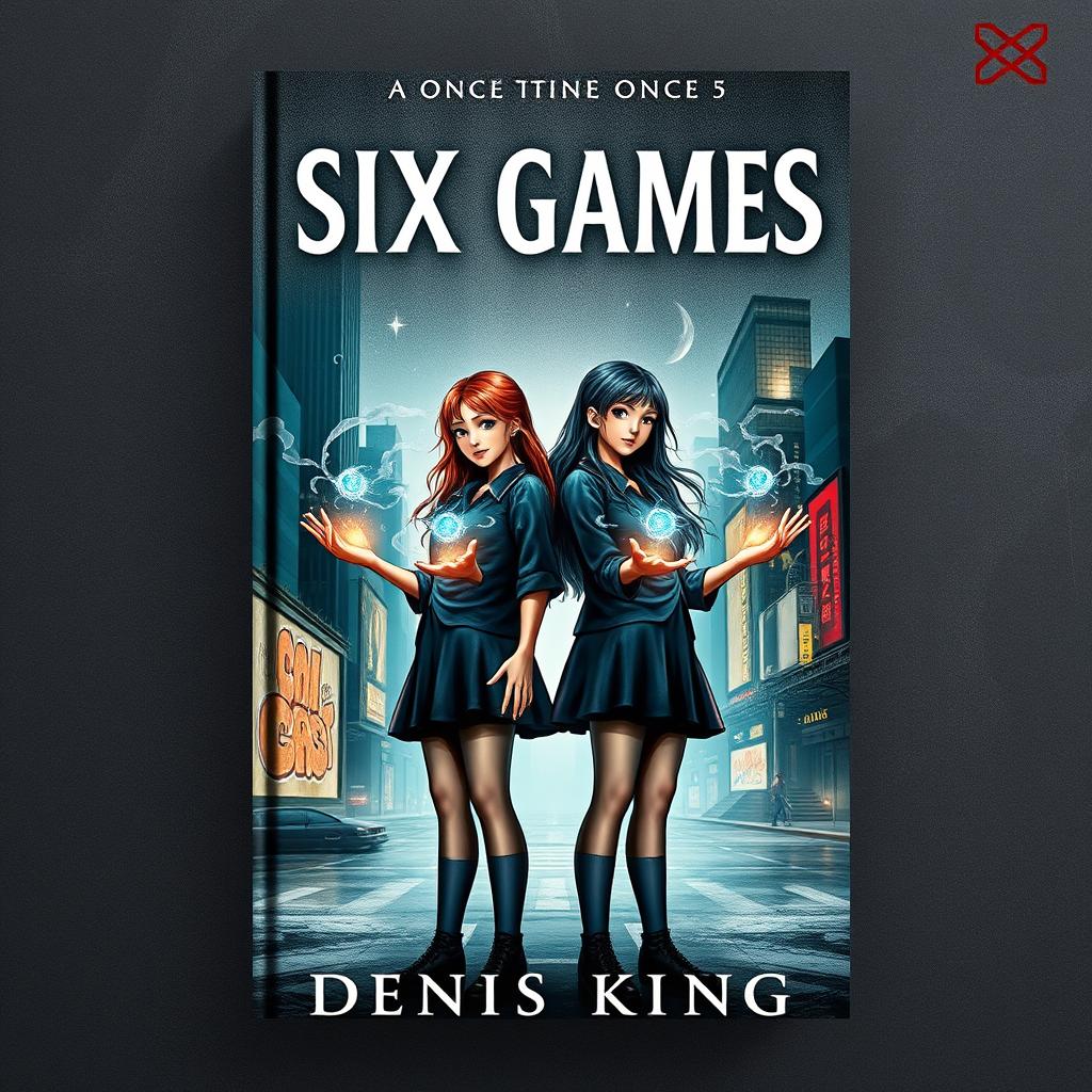 A striking book cover for 'SIX GAMES' featuring two aged girls standing side by side, with a mesmerizing range of arcane magic flowing gracefully over their hands, suggesting power and mystery