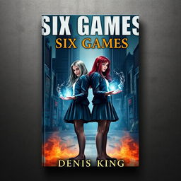 A striking book cover for 'SIX GAMES' featuring two aged girls standing side by side, with a mesmerizing range of arcane magic flowing gracefully over their hands, suggesting power and mystery