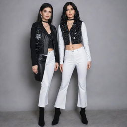 A fashion ensemble featuring a white long-sleeve crop top embroidered with sparkling stars, paired with a black leather vest and high-waisted flared pants. Outfit is complemented with shiny black high heel boots, choker necklaces, earrings, rings, bracelets with silver accents, and high hair ties.