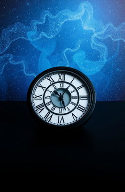 A black clock lying flat on a black floor, featuring Roman numerals elegantly displayed on its face