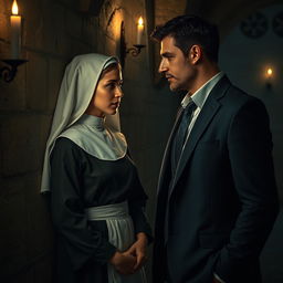 A romantic and mysterious scene depicting a young novice nun, age 18, dressed in traditional nun attire, with a hint of allure in her expression