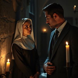 A romantic and mysterious scene depicting a young novice nun, age 18, dressed in traditional nun attire, with a hint of allure in her expression