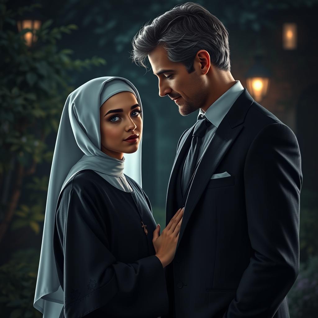 A captivating scene illustrating a forbidden romance between a young 18-year-old novice nun and a handsome, well-dressed man in his late 30s, wearing an elegant suit