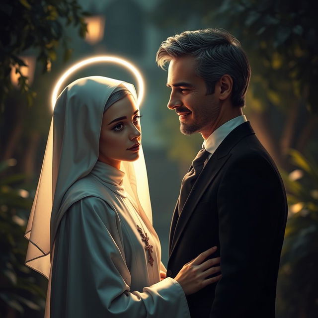 A captivating scene illustrating a forbidden romance between a young 18-year-old novice nun and a handsome, well-dressed man in his late 30s, wearing an elegant suit