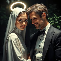 A captivating scene illustrating a forbidden romance between a young 18-year-old novice nun and a handsome, well-dressed man in his late 30s, wearing an elegant suit