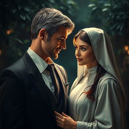 A captivating scene illustrating a forbidden romance between a young 18-year-old novice nun and a handsome, well-dressed man in his late 30s, wearing an elegant suit