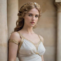 Historically influenced depiction of Helen of Troy, the most beautiful woman according to Greek mythology, dressed in elegant Grecian attire, with a serene expression conveying her ethereal beauty.