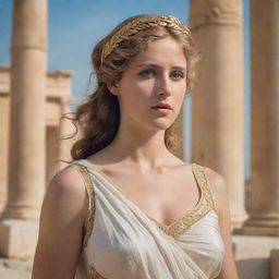 Historically influenced depiction of Helen of Troy, the most beautiful woman according to Greek mythology, dressed in elegant Grecian attire, with a serene expression conveying her ethereal beauty.