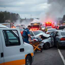 A paramedic in action at the scene of a multiple vehicle accident