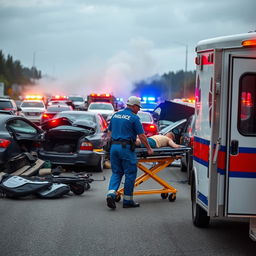 A paramedic in action at the scene of a multiple vehicle accident