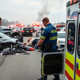 A paramedic in action at the scene of a multiple vehicle accident