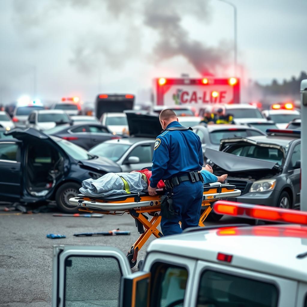 A paramedic in action at the scene of a multiple vehicle accident