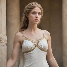 Historically influenced depiction of Helen of Troy, the most beautiful woman according to Greek mythology, dressed in elegant Grecian attire, with a serene expression conveying her ethereal beauty.