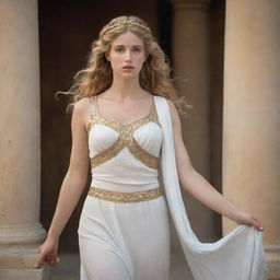 Historically influenced depiction of Helen of Troy, the most beautiful woman according to Greek mythology, dressed in elegant Grecian attire, with a serene expression conveying her ethereal beauty.