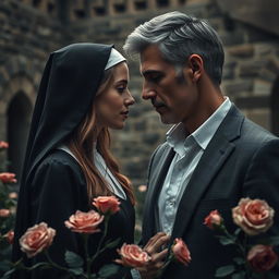 A captivating scene exploring a darkly romantic and mysterious relationship between a beautiful 18-year-old novitiate nun and a handsome, successful 39-year-old man in a suit