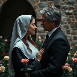 A captivating scene exploring a darkly romantic and mysterious relationship between a beautiful 18-year-old novitiate nun and a handsome, successful 39-year-old man in a suit