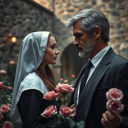 A captivating scene exploring a darkly romantic and mysterious relationship between a beautiful 18-year-old novitiate nun and a handsome, successful 39-year-old man in a suit