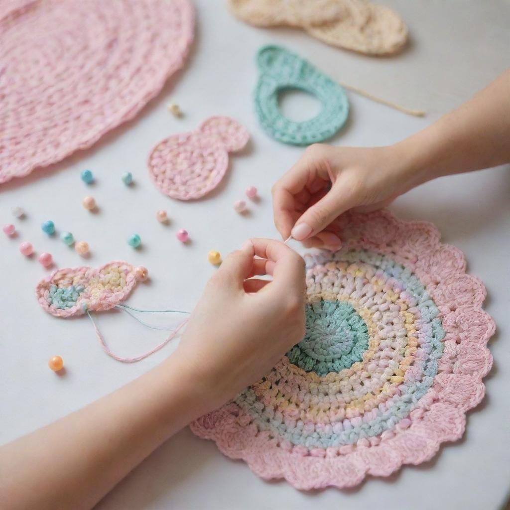 A scene displaying amateur crocheting with beads, emphasized with a mishmash of pastel colors. The style should be of modern and sensitive aesthetics.