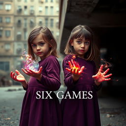 A portrait of two girls aged two years old, standing sideways next to each other, each with a vibrant range of arcane magic flowing over their hands