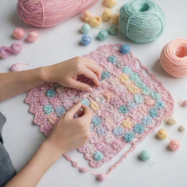 A scene displaying amateur crocheting with beads, emphasized with a mishmash of pastel colors. The style should be of modern and sensitive aesthetics.