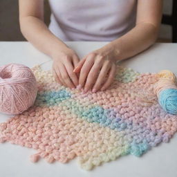 A scene displaying amateur crocheting with beads, emphasized with a mishmash of pastel colors. The style should be of modern and sensitive aesthetics.