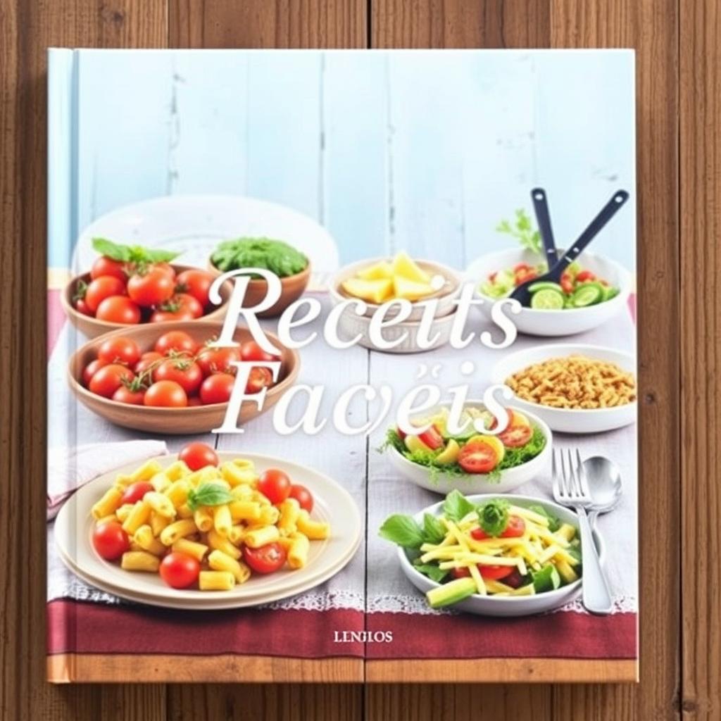 Uma capa vibrante e convidativa para um livro de receitas fáceis, apresentando uma variedade de pratos coloridos e fáceis de fazer