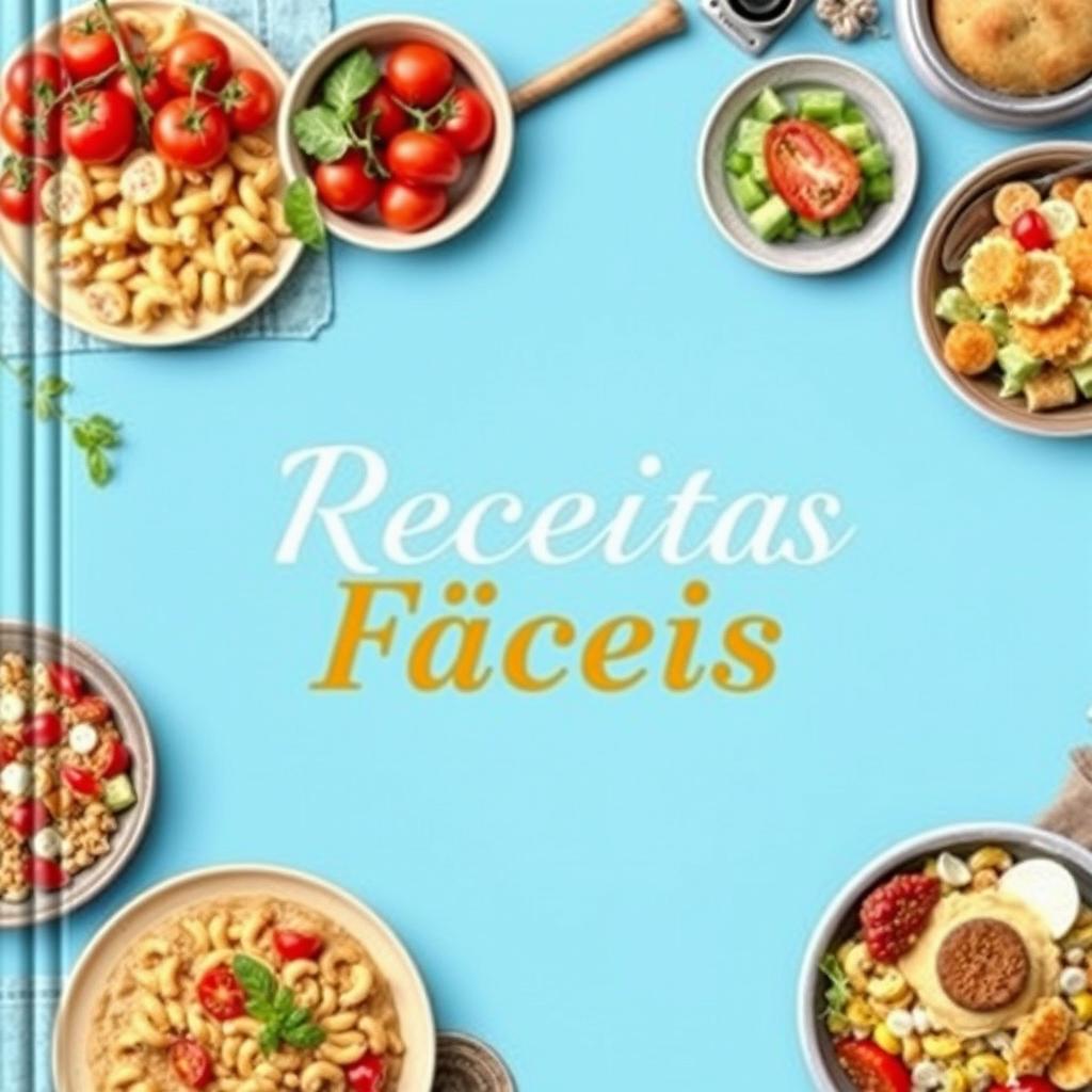 Uma capa vibrante e convidativa para um livro de receitas fáceis, apresentando uma variedade de pratos coloridos e fáceis de fazer