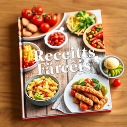 Uma capa vibrante e convidativa para um livro de receitas fáceis, apresentando uma variedade de pratos coloridos e fáceis de fazer