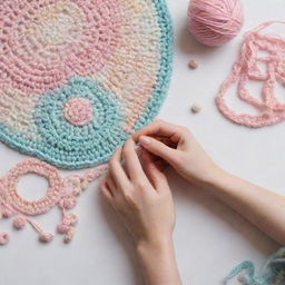 A scene displaying amateur crocheting with beads, emphasized with a mishmash of pastel colors. The style should be of modern and sensitive aesthetics.