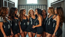 A group of sexy women in a jail setting, each showcasing their own unique style and charm while dressed in form-fitting prison uniforms