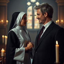 A captivating scene depicting a secretive and intense romantic interaction between a young novice nun, 18 years old, and a handsome, successful man in a sharp suit, aged 39