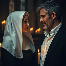 A captivating scene depicting a secretive and intense romantic interaction between a young novice nun, 18 years old, and a handsome, successful man in a sharp suit, aged 39