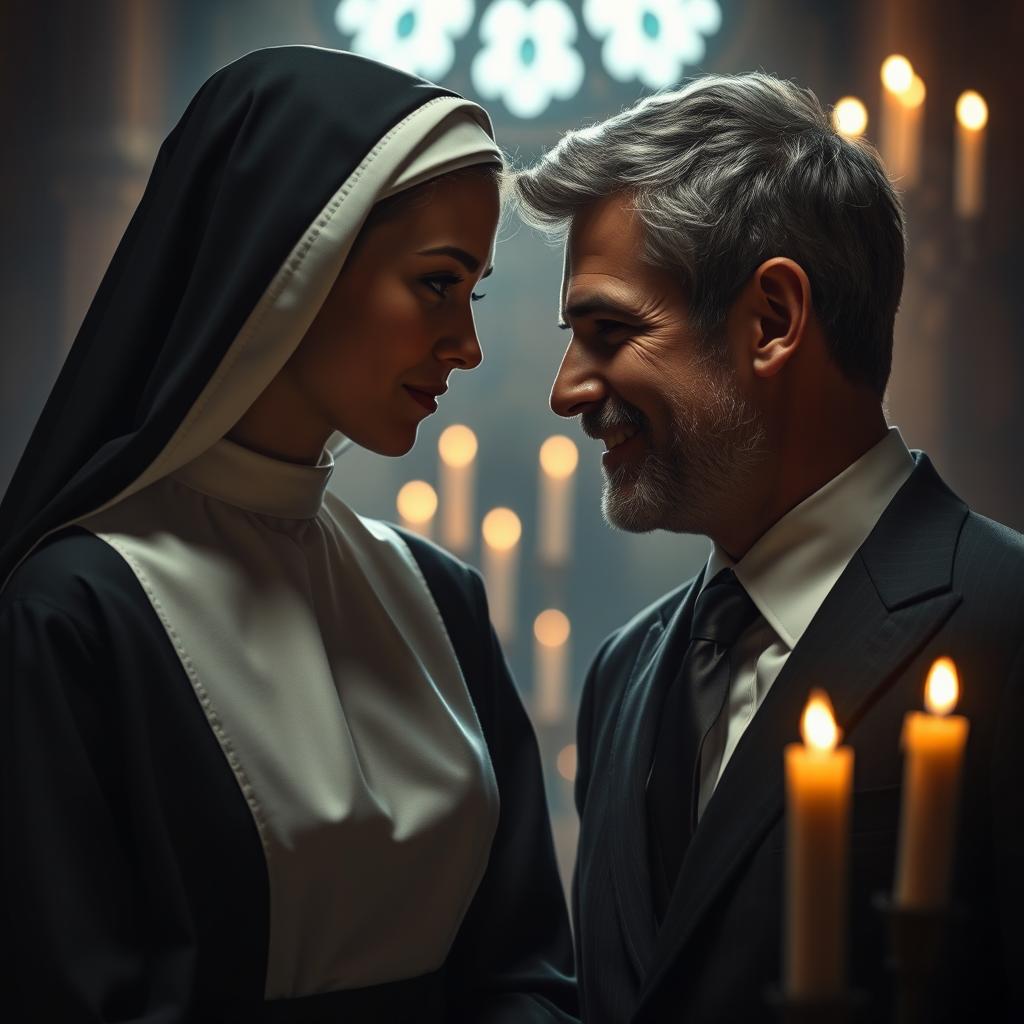 A captivating scene depicting a secretive and intense romantic interaction between a young novice nun, 18 years old, and a handsome, successful man in a sharp suit, aged 39