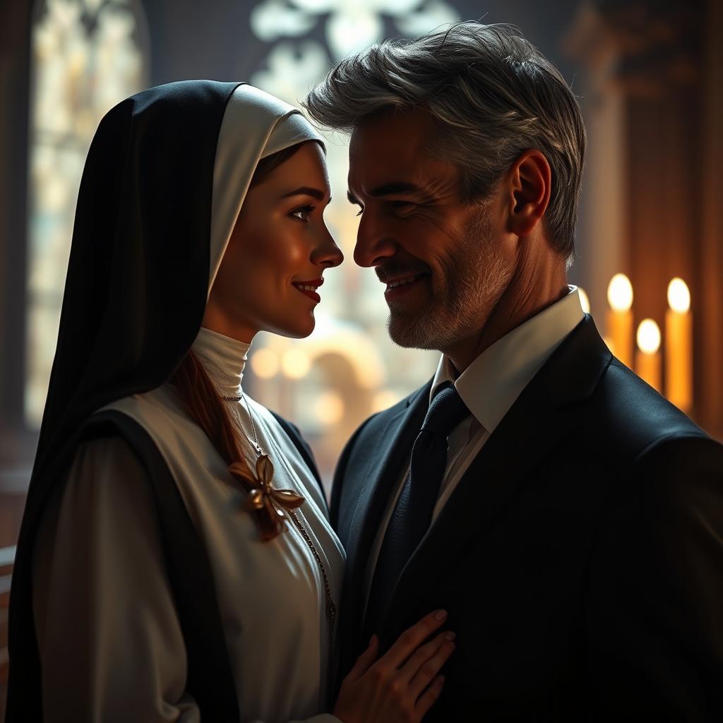 A captivating scene depicting a secretive and intense romantic interaction between a young novice nun, 18 years old, and a handsome, successful man in a sharp suit, aged 39