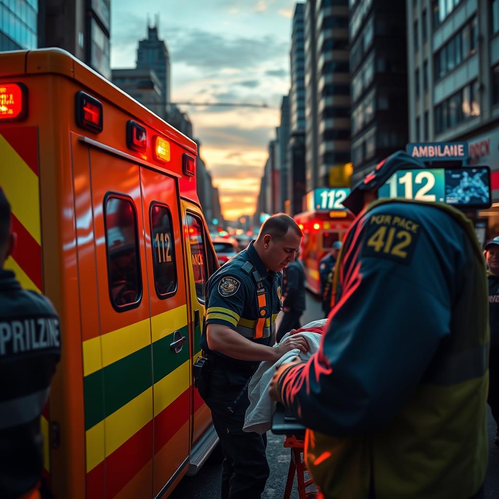 A detailed scene depicting a paramedic in a uniform attending to a patient outside an ambulance