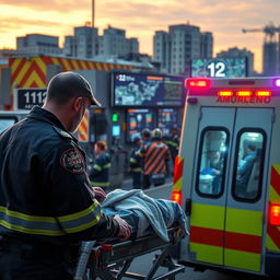 A detailed scene depicting a paramedic in a uniform attending to a patient outside an ambulance