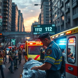 A detailed scene depicting a paramedic in a uniform attending to a patient outside an ambulance