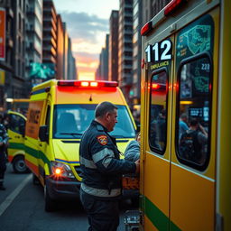 A detailed scene depicting a paramedic in a uniform attending to a patient outside an ambulance