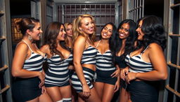 A vibrant scene featuring a group of sexy women in a jail setting, all with prominent curves and voluptuous figures, dressed in snug prison uniforms