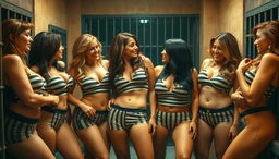 A vibrant scene featuring a group of sexy women in a jail setting, all with prominent curves and voluptuous figures, dressed in snug prison uniforms