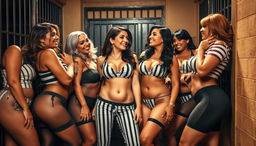 A vibrant scene featuring a group of sexy women in a jail setting, all with prominent curves and voluptuous figures, dressed in snug prison uniforms