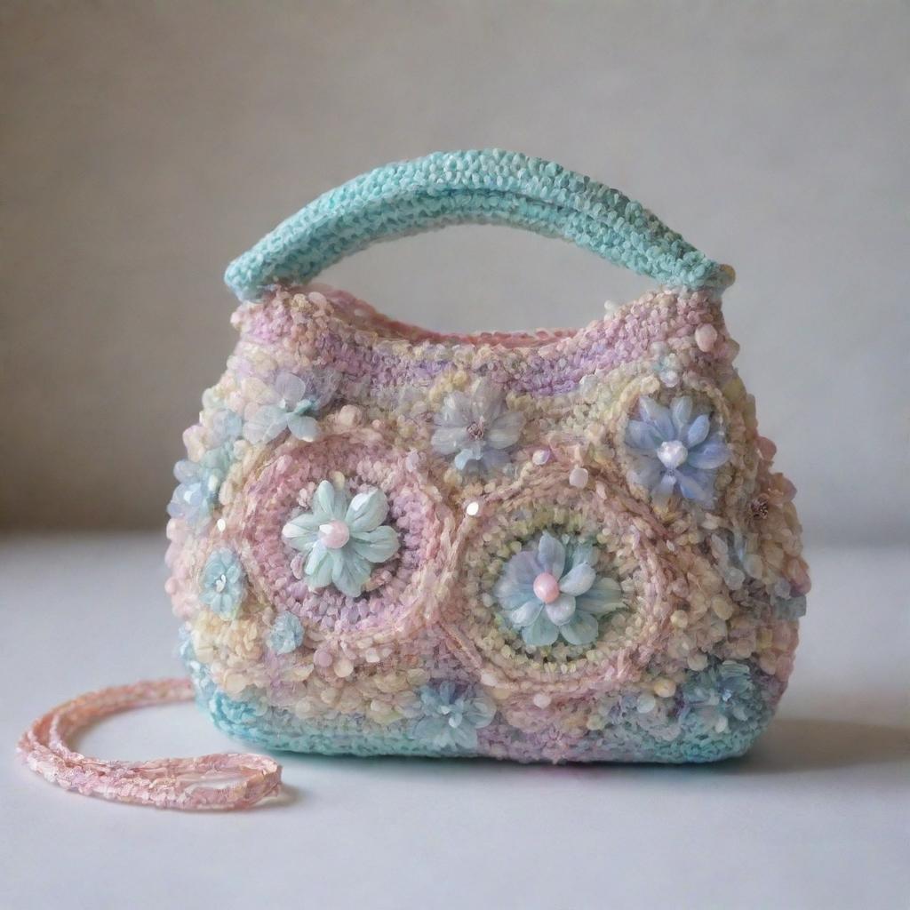 A small, crochet bag adorned with crystals and beads in pastel colors. The bag showcases a sensitive style with intricate details of silk and organza.