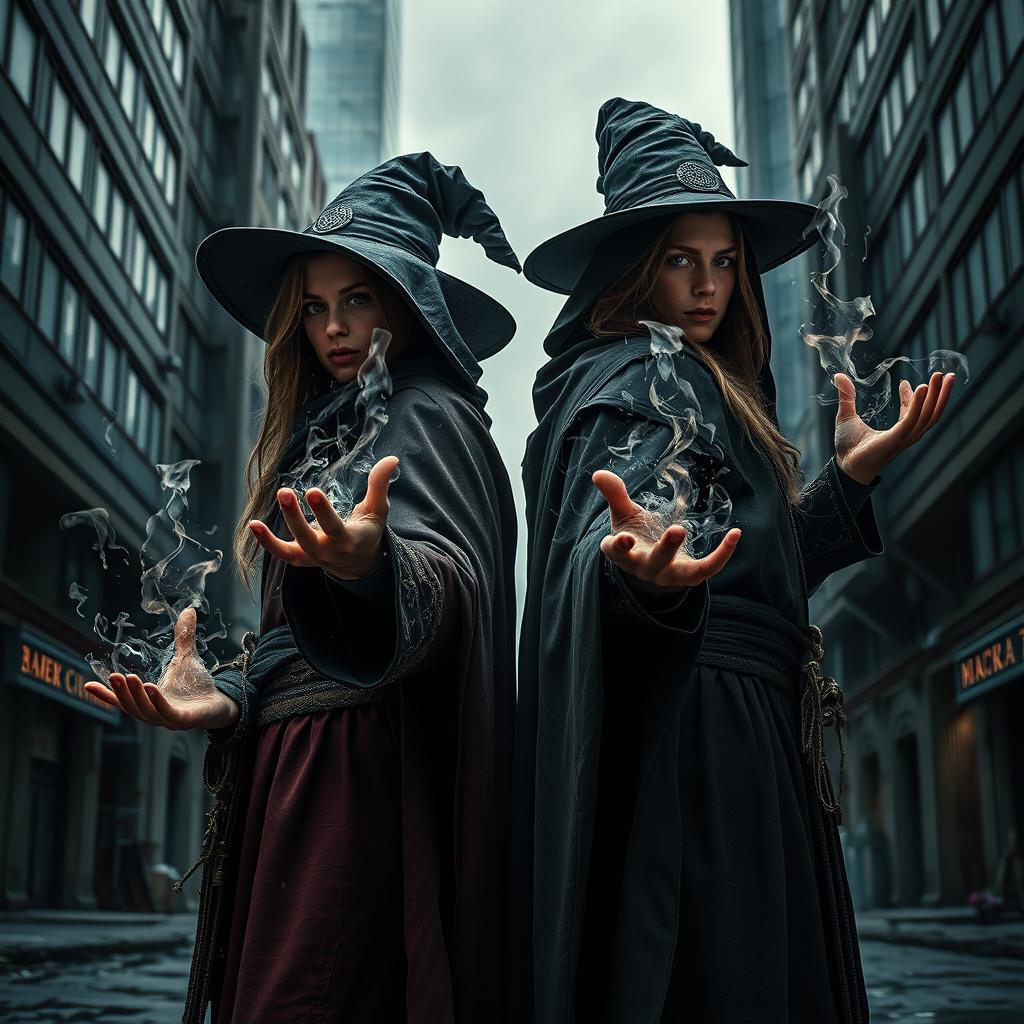 A portrait of two warlocks aged two years, standing sideways, each adorned in mystical attire, with a dynamic range of arcane magic flowing over their hands