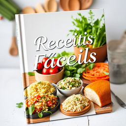 Uma capa de livro de receitas fáceis, apresentando uma paleta de cores vibrantes e apetitosas